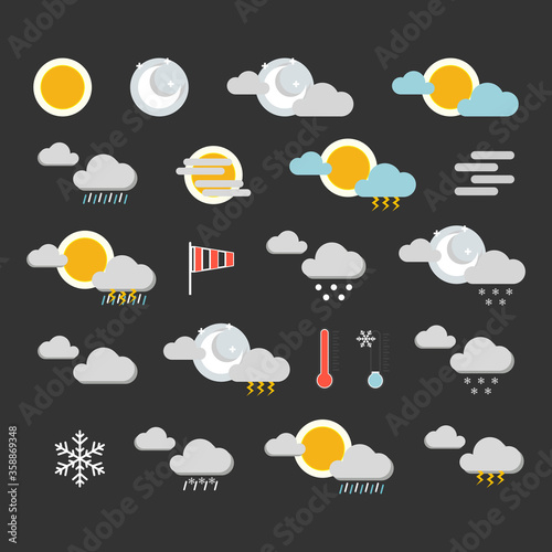 Colorful weather icons set. Hand drawn weather forecast design elements isolated on white background. Contains icons of the sun, clouds, snowflakes, storms, wind, rain, and more.