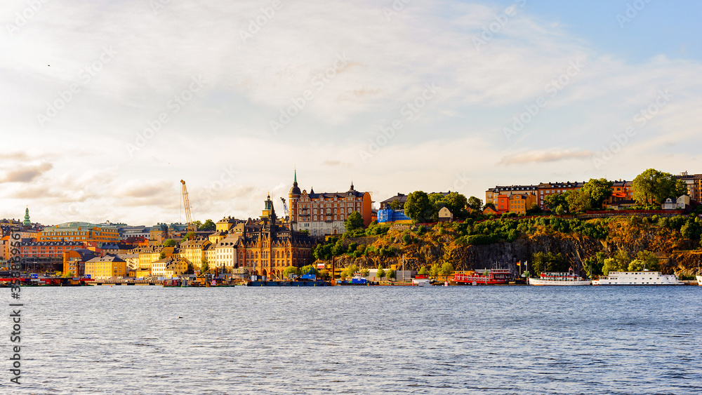 Morning in the capital of Sweden, Stockholm. Panarama of the coast of the river Malaren