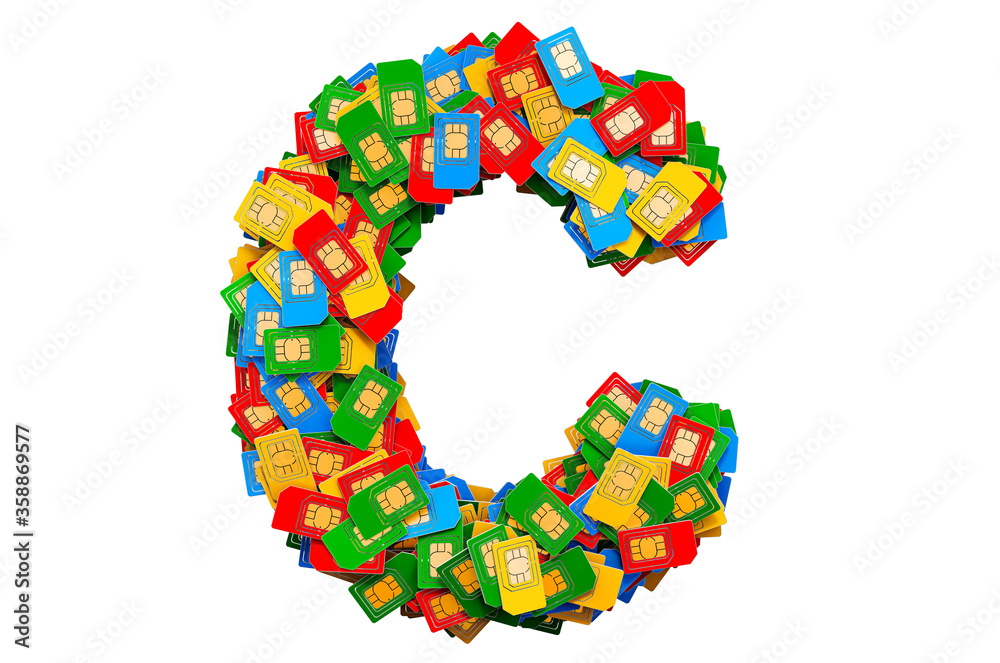 Letter C from colored SIM cards, 3D rendering Letter C from colored SIM cards, 3D rendering