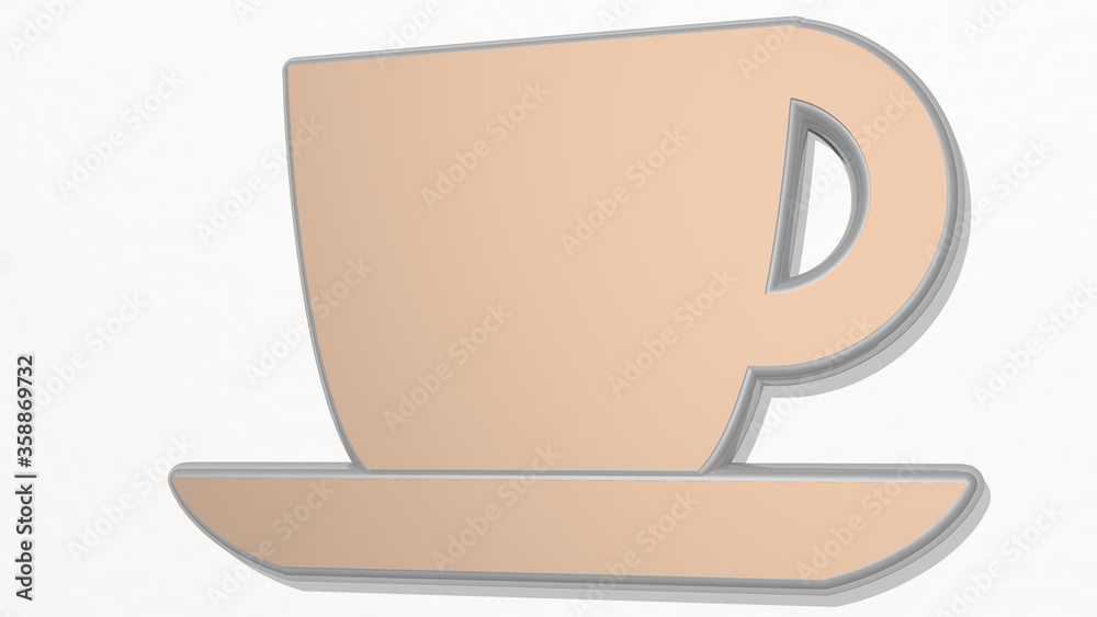 cup of coffee on the wall. 3D illustration of metallic sculpture over a white background with mild texture. business and isolated cup of coffee on the wall. 3D illustration of metallic sculpture over a white background with mild texture. business and isolated