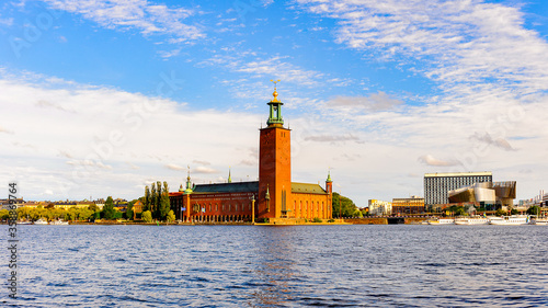Photography City Hall of Stockholm, seen from the south, across Riddarfjarden, Sweden