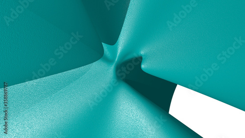 3D illustration of a geometrical shape of TEAL color on a white abstract background as a curved and glossy surface with direct light reflection