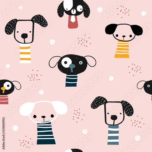 Seamless pattern with simple dogs for kids. Vector hand drawn illustration.