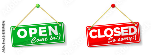 open and closed hanging door signs isolated on white background. Illustration, vector