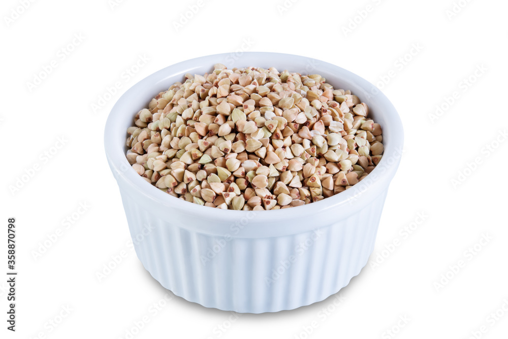 Dried Green Buckwheat porridge on a white isolated background Dried Green Buckwheat porridge on a white isolated background