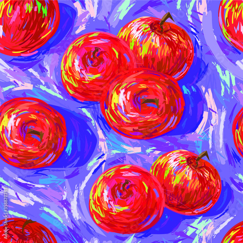 Vector graphics. Red apples on a blue background. Seamless pattern. 