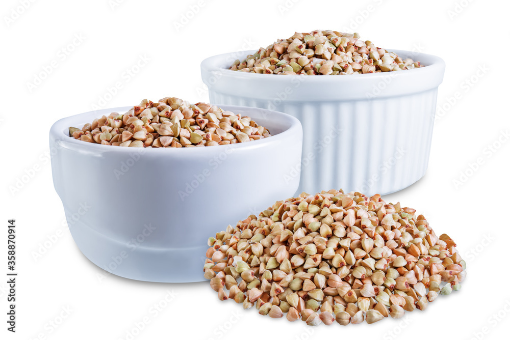 Dried Green Buckwheat porridge on a white isolated background Dried Green Buckwheat porridge on a white isolated background