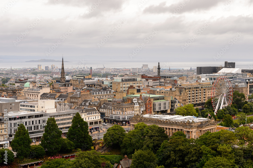 Aerial view of the Edinburgh, Scotland. Old Town and New Town are a UNESCO World Heritage Site