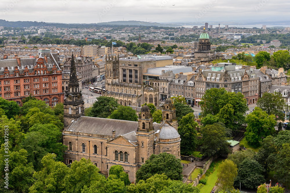 Aerial view of the Edinburgh, Scotland. Old Town and New Town are a UNESCO World Heritage Site