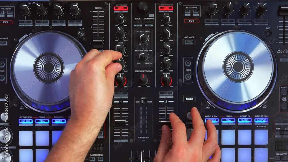 Turn on DJ turntable mixer desk, top view