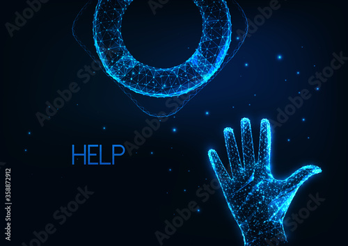 Futuristic economic help, crisis support concept with glowing low polygonal human hand reaching lifesaver life buoy