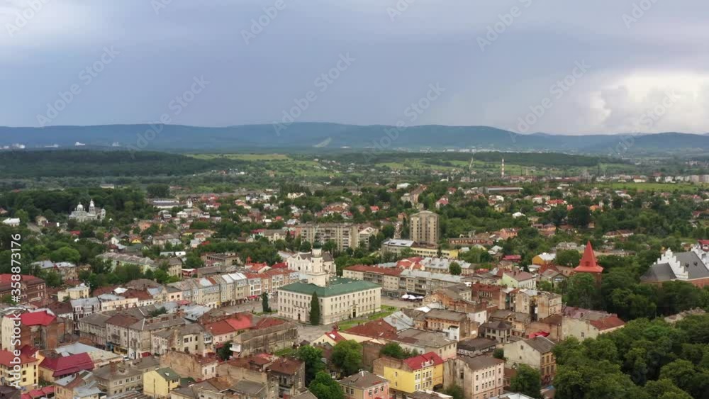 Cityscape of Drohobych. Aerial drone view of old European city. Architecture of downtown with city hall at center square Cityscape of Drohobych. Aerial drone view of old European city. Architecture of downtown with city hall at center square
