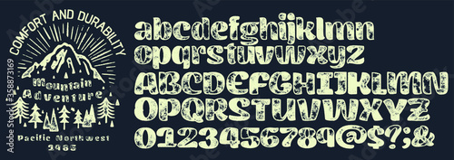 Craft retro vintage typeface design. Youth fashion type. Textured alphabet. Pop modern display vector letters. Drawn in graphic style. Set of Latin characters numbers