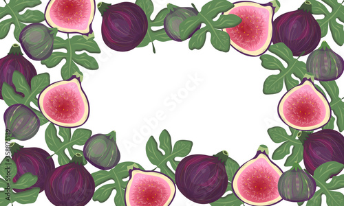 Fototapeta Naklejka Na Ścianę i Meble -  shape of a rectangular frame with space for yoollage of whole figs and halves and leaves on a white bur text. Banner, postcard, advertisement.Cackground in the