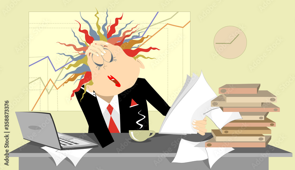 Tired business woman in the office illustration. Tired and pensive business woman sits near the table with one hand on the head
Tired business woman in the office illustration. Tired and pensive business woman sits near the table with one hand on the head