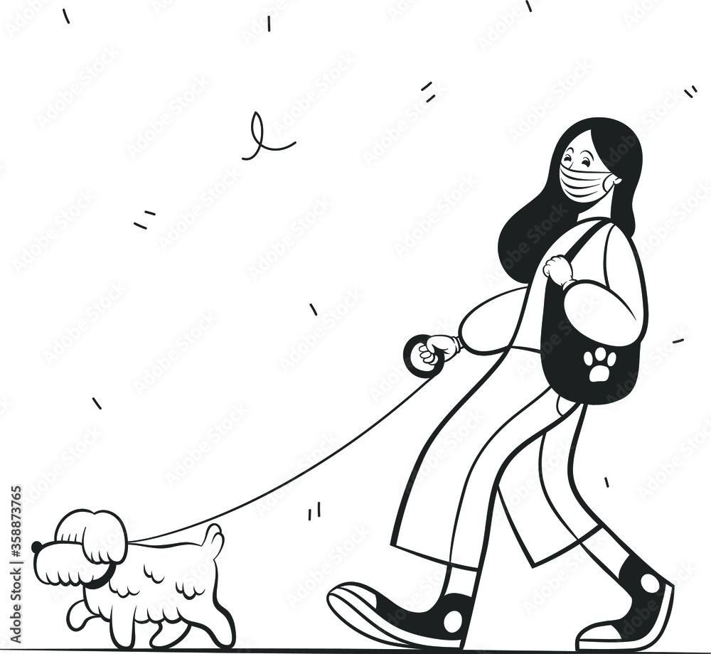Dog walker in medical protection. Woman wearing medical mask and gloves to prevent disease, flu, air pollution, contaminated air, world pollution. Isolated sketch object. Flat vector illustration.