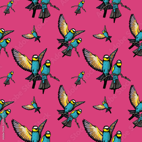 Seamless pattern pink background tropics birds