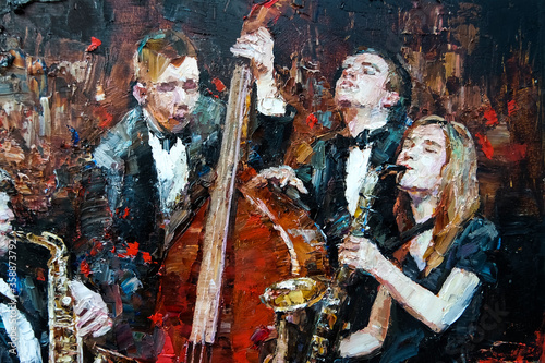 Sticker Stylish jazz band playing music on the scene, background is brown, painted in the expressive manner