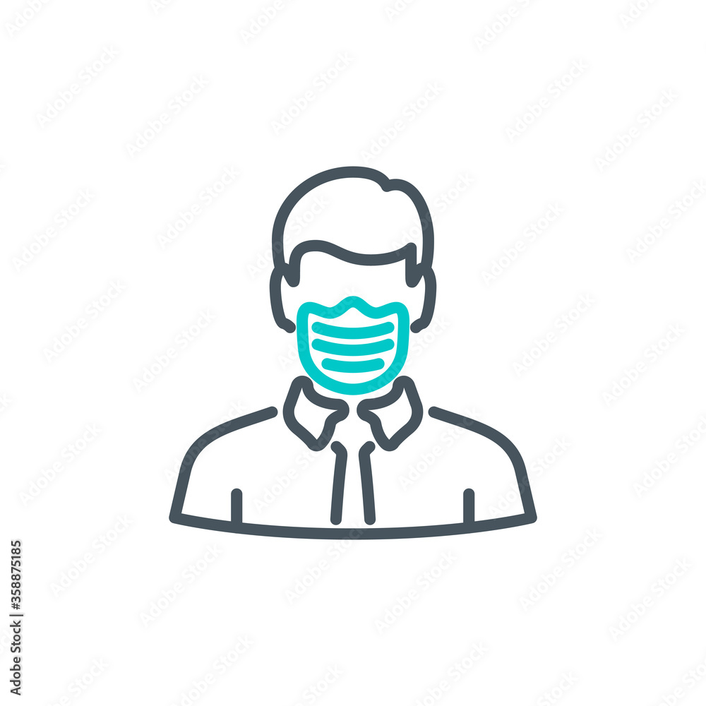 head man in medical mask single line icon isolated on white. Perfect outline symbol Coronavirus Covid 19 disease prevention pandemic banner. Quality design element quarantine with editable Stroke