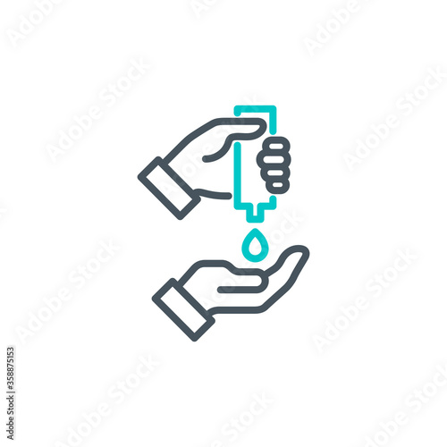 palm with a drop of antiseptic single line icon isolated on white. Perfect outline symbol disinfect hands Coronavirus Covid 19 banner. disinfection hands design element with editable Stroke line