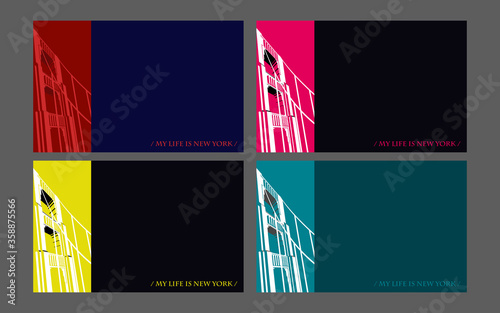 super set of New York colorful style magazine paper, vector stock illustration. Urban landscape with the Golden gate bridge. perspective image