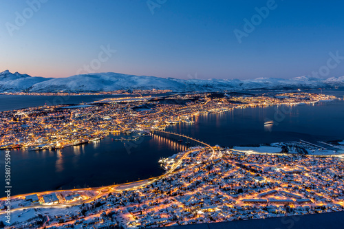 Twilight over Tromso with beautiful sunset seen from Floya hill