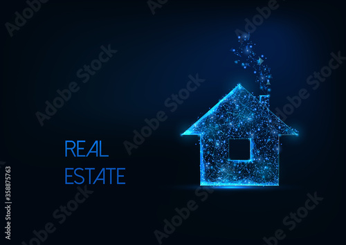 Futuristic real estate business concept with glowing low polygonal residential house