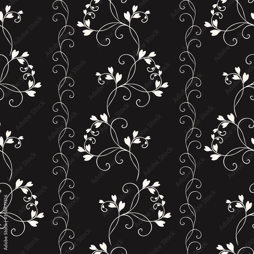 Simple vector floral seamless pattern. Black and white ornament with small leaves, curved branches, twigs. Abstract monochrome vintage background. Dark repeat design for wallpapers, fabric, covers