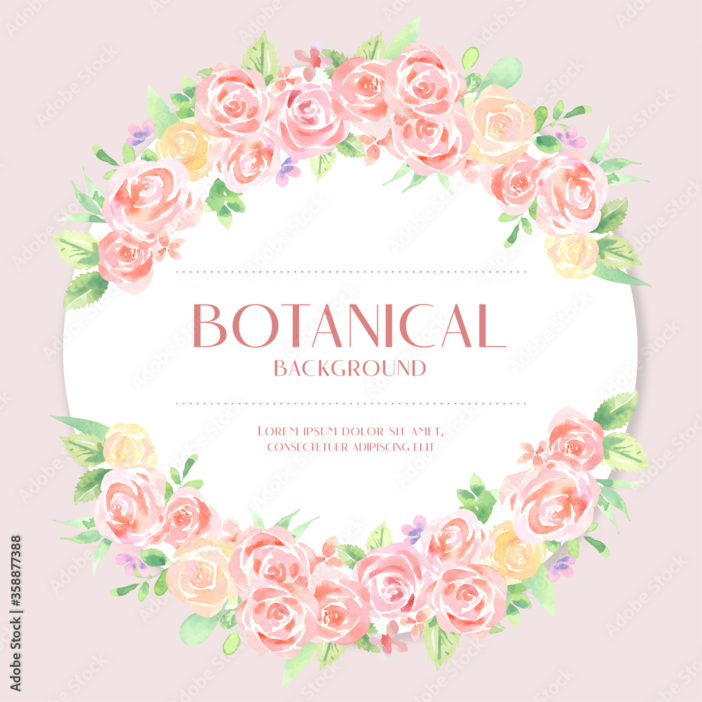 Water color red and orange rose botanical bouquet loose style on top and bottom circular design, pink and white background illustration vector. Suitable for Valentine and wedding design elements.