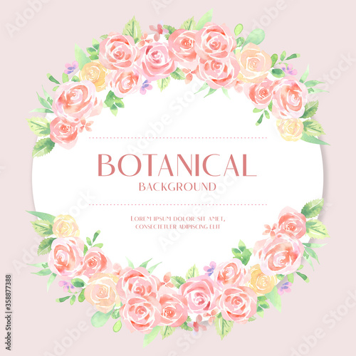 Water color red and orange rose botanical bouquet loose style on top and bottom circular design, pink and white background illustration vector. Suitable for Valentine and wedding design elements.