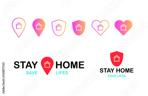 Stay home save lives sign, Social media set in support of self-isolation and staying at home icon. 
