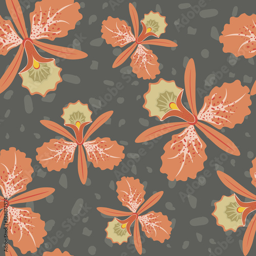 Vector floral seamless pattern in hawaiian style with big hand drawn orange orchid flowers on gray background. Abstract tropical texture. Stylish summer ornament. Repeat design for textile, wallpapers