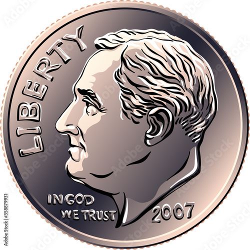 American money Roosevelt dime, United States one dime or 10-cent silver coin with President Franklin D Roosevelt on obverse photo