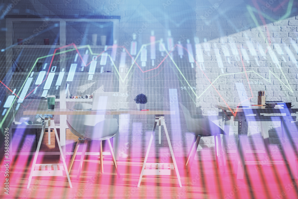Double exposure of financial graph drawing and office interior background. Concept of stock market. Double exposure of financial graph drawing and office interior background. Concept of stock market.