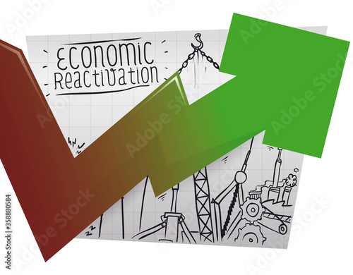 Rising Arrow over Board with Doodles Depicting Economic Reactivation, Vector Illustration