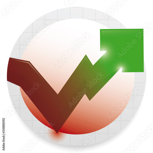 Round Button with Rising Arrow Recovering after Crisis Season, Vector Illustration