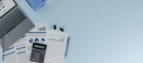 Accounting - laptop, pen, calculator and blank space - 3d illustration photo