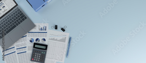 Accounting - laptop, pen, calculator and blank space - 3d illustration
