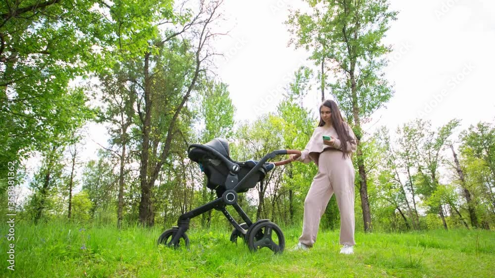 Woman With Baby Carriage Using Cell Phone In Park Woman With Baby Carriage Using Cell Phone In Park