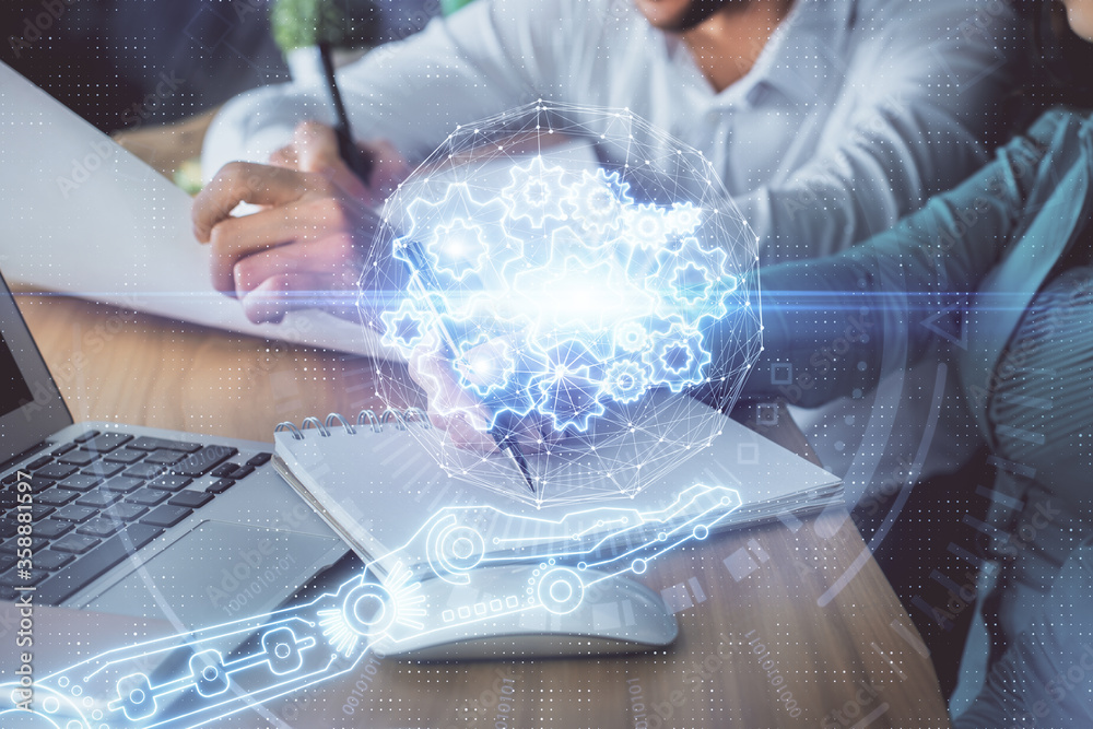 Double exposure of data theme sketch drawing over people writing background. Concept of technology Double exposure of data theme sketch drawing over people writing background. Concept of technology