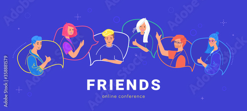 Happy teenagers on speech bubbles talking together. Flat line vector illustration of live conversation and online chat. Young people as friends chatting and gesturing to each other on blue background
