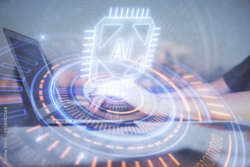 Multi exposure of woman hands working on computer and data theme ...