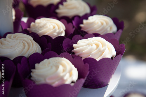 Close up of gourmet cupcakes with white frosting swirl in purple paper wrapping