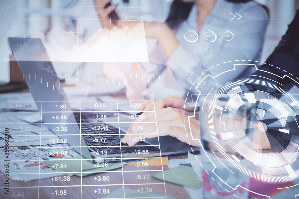 Multi exposure of woman hands typing on computer and forex chart hologram drawing. Stock market analysis concept. Multi exposure of woman hands typing on computer and forex chart hologram drawing. Stock market analysis concept.