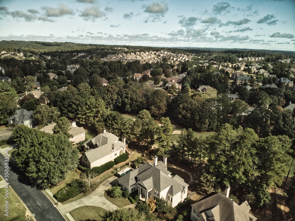 Aerial view of an upscale subdivision in suburbs of Atlanta, GA usa
