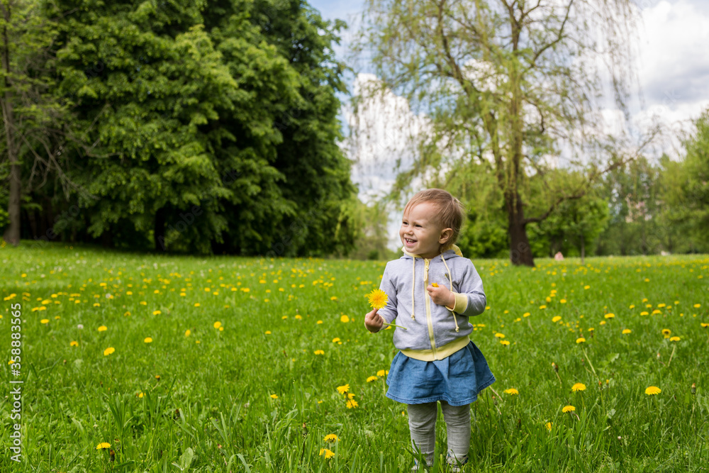 Young blonde girl standing on the green grass. Young blonde girl standing on the green grass.