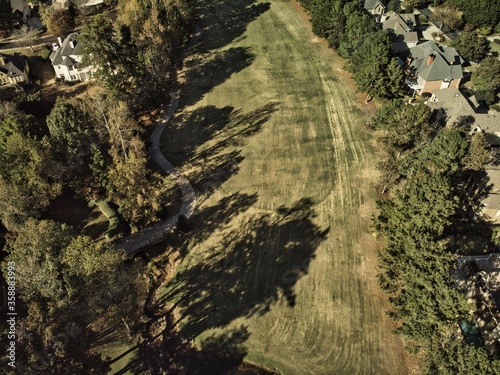 Panoramic view of a Golf course in an upscale suburbs of Atlanta, GA taken by a drone