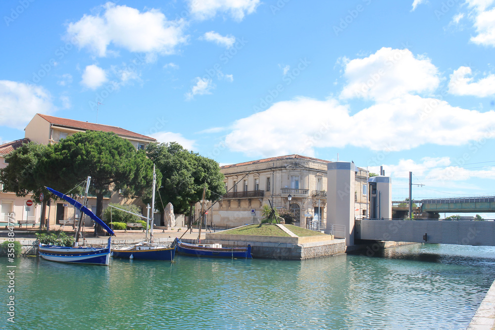 Naklejka premium Traditional boats in Frontignan, a seaside resort in the Mediterranean sea, Herault, Occitanie, France 