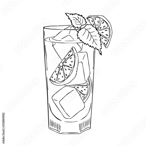 Hand drawn doodle sketch of alcoholic cocktails. Vector illustration of mojito cocktail with lime and mint ingredients. Design for decorating a restaurant menu, recipe, cards, labels.