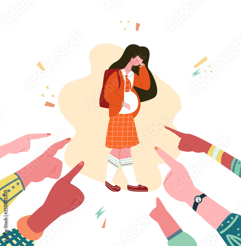 Vector flat pregnant teenage girl that both adults and children point at with their fingers. Concept social problems, early pregnancy, abortion, mobbing, bullying, contraception, birth control.